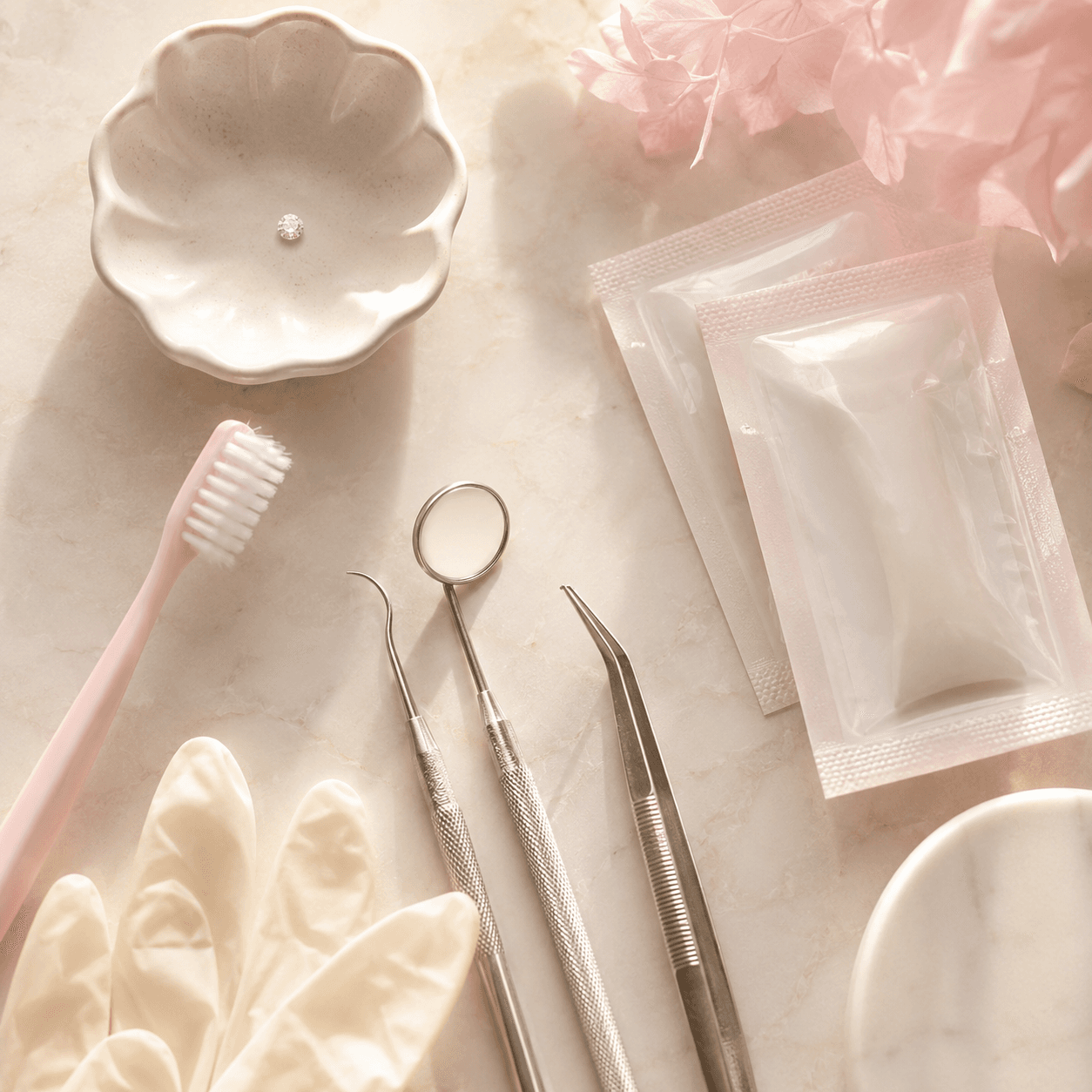 Refined tooth gem smile detail in a calm studio setting